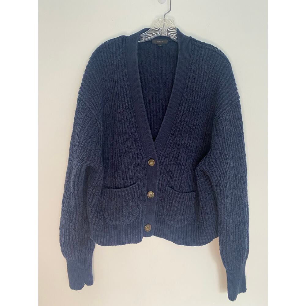 J Crew Navy Ribbed Cropped Chunky Cardigan Sweater XL Button Front Academia Y2K